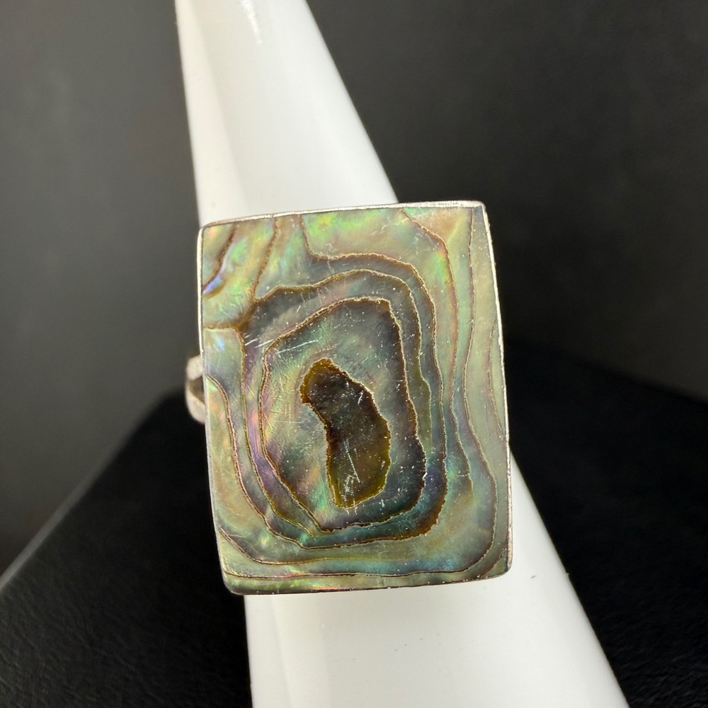 Vintage Sterling Silver Abalone Shell Rectangle Statement Ring 6.5 READ
